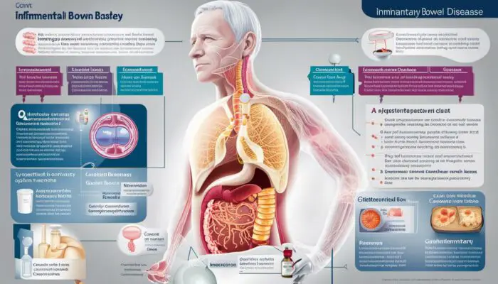 A diagram showing the different aspects of Inflammatory Bowel Disease, including the gastrointestinal tract and the various treatment options available.