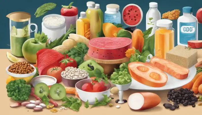 Illustration depicting the impact of diet on IBD management, showing various types of food and supplements alongside a healthy gut.