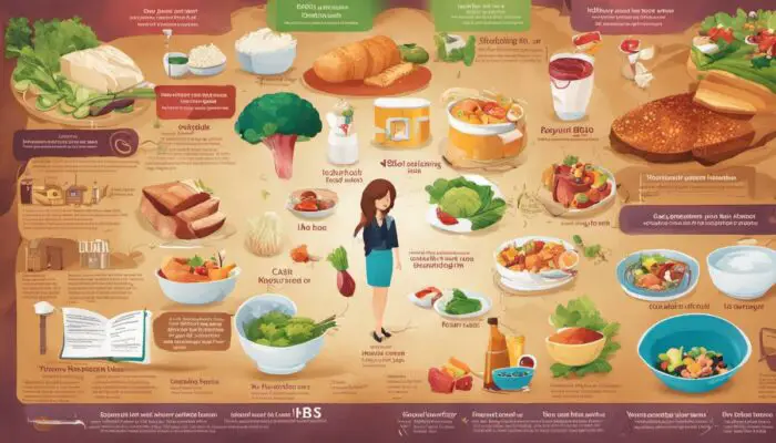 Illustration depicting various risk factors associated with IBS including being young, female, having a family history of IBS, stress, and certain types of food.