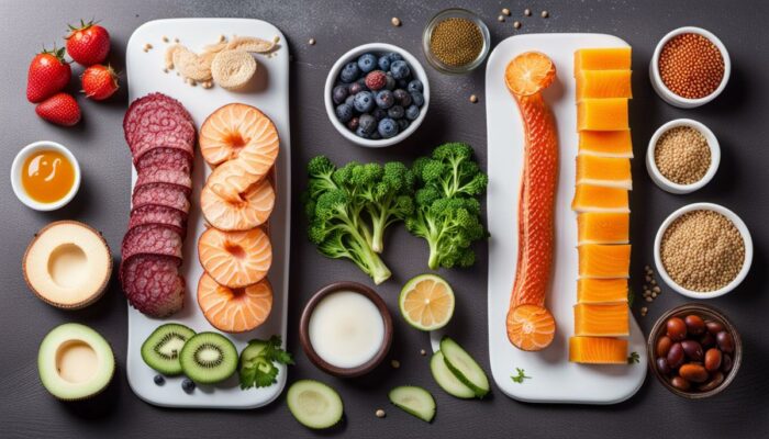 A visual representation of ulcerative colitis and its relationship with diet, showcasing different food options and a healthy gut microbiota.