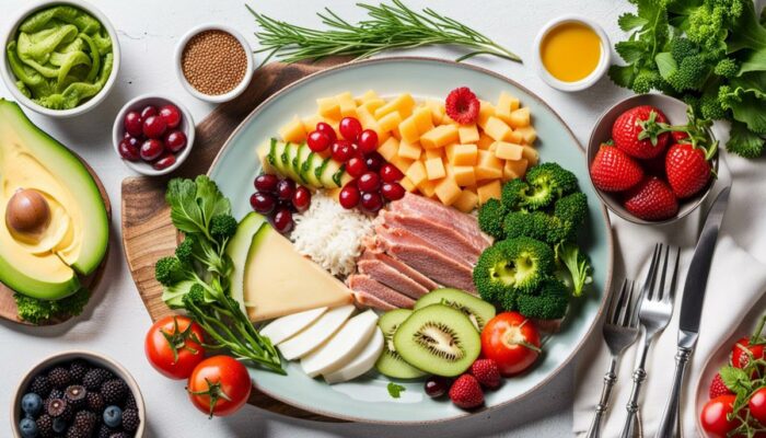 Image of a plate with various healthy foods, representing the best foods for ulcerative colitis.