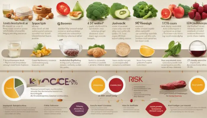 An image depicting various risk factors for bowel cancer including age, family history, diet, lifestyle choices, and underlying health conditions.