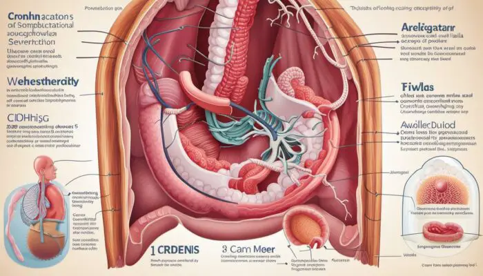 Illustration of potential complications of Crohn's disease, including bowel obstruction, ulcers, fistulas, and severity of symptoms.