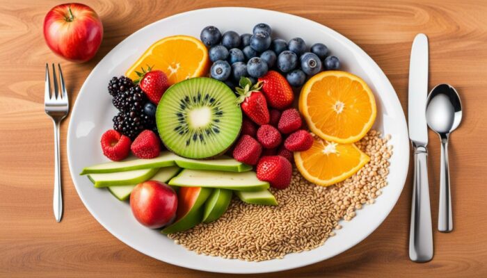 Image depicting a balanced plate of colorful fruits, vegetables, and whole grains, representing a healthy diet for gut health.