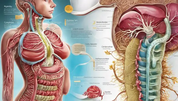 Illustration depicting the digestive system and highlighting the stomach to represent hypochlorhydria, a condition characterized by low stomach acid levels.