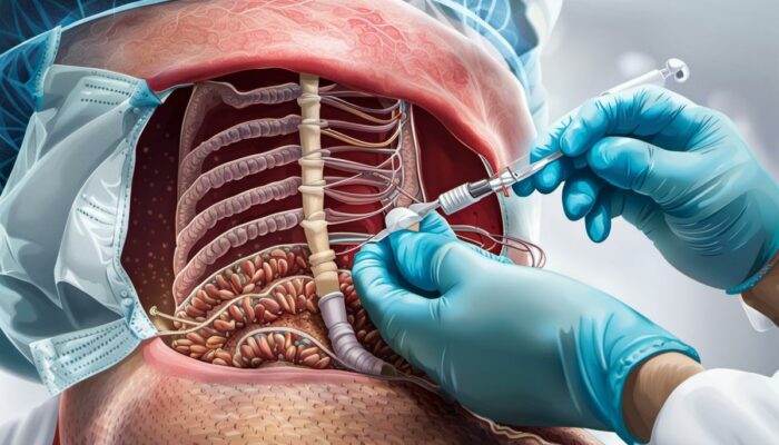 Illustration of a surgical procedure for IBD, showing the removal of the colon and the creation of an ileoanal anastomosis