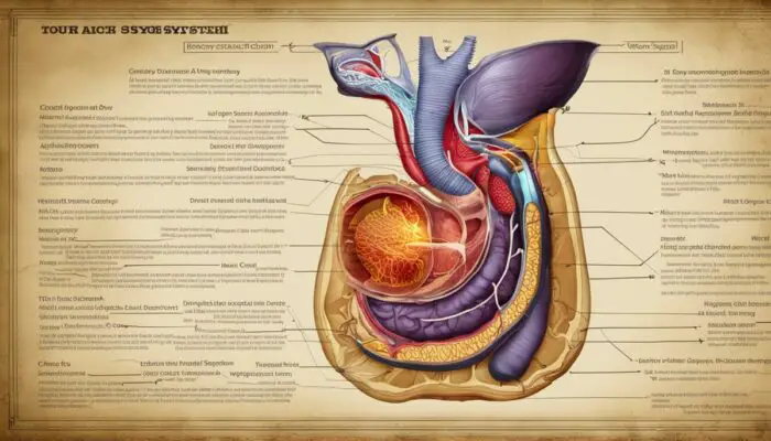 A diagram showing the digestive system and highlighting the stomach to represent low stomach acid
