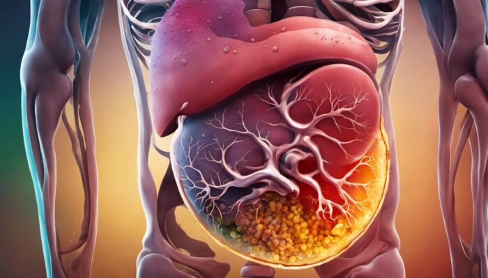 Illustration of a stomach with acid and food, representing the importance of stomach acid for digestion and gut health.