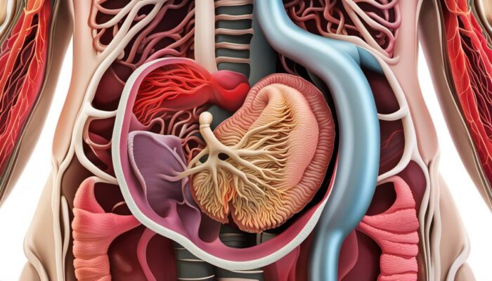 An image depicting the human digestive system, showing the gastrointestinal tract and highlighting the area affected by inflammatory bowel disease.